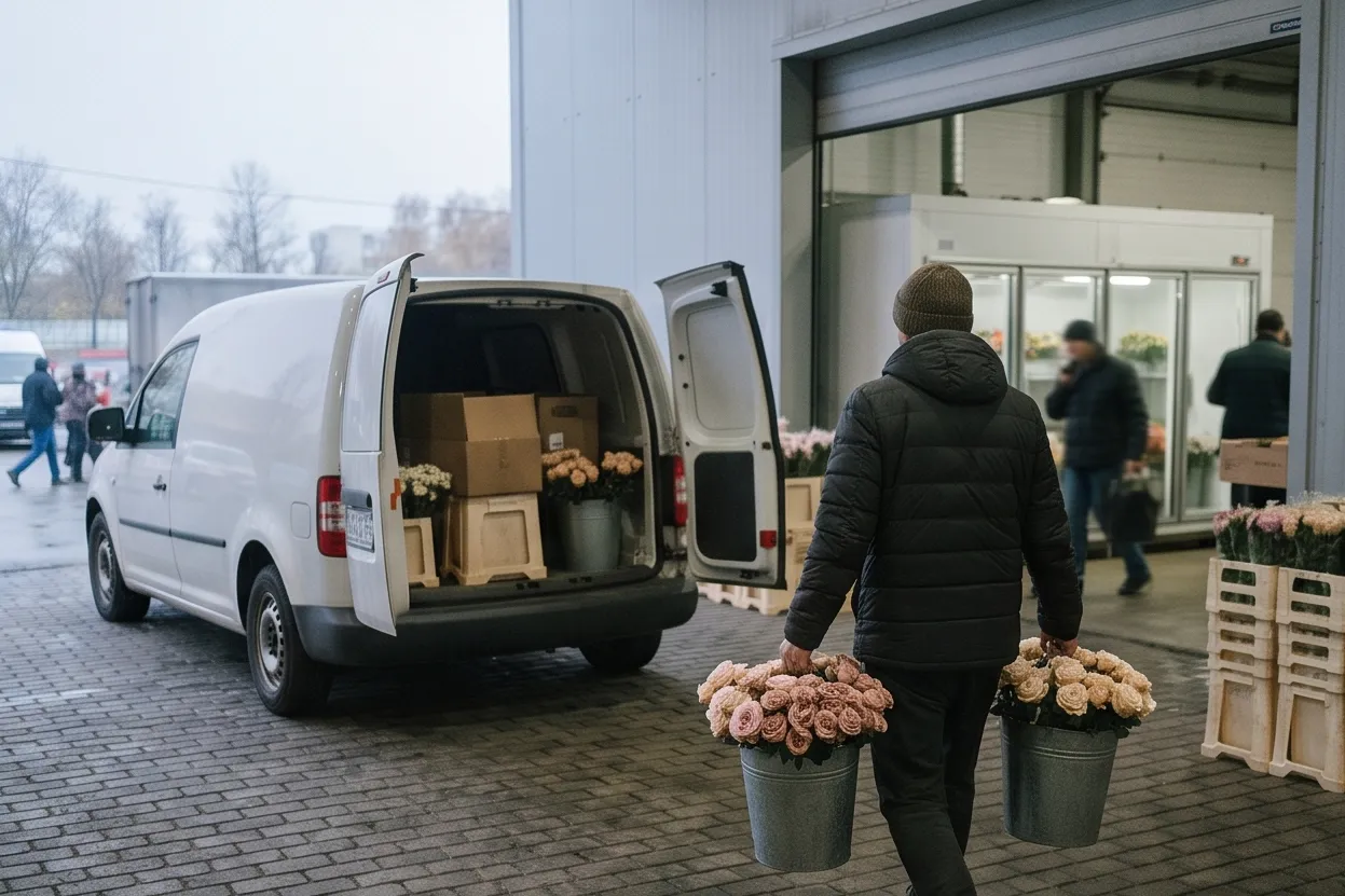 Закупка на оптовой базе: владелец магазина несёт вёдра роз