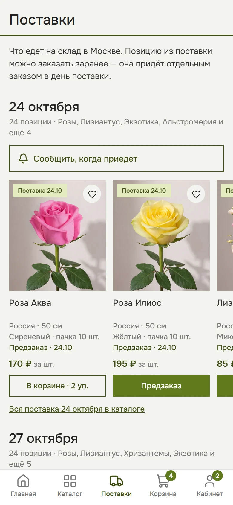 Вкладка «Поставки»: 16 и 19 октября — сколько позиций и каких, карточки роз с плашкой поставки и кнопкой «Предзаказ»